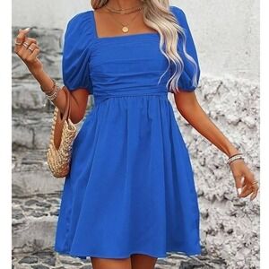 Shein US 8/10 $35 Royal Blue Square Neck Puff Sleeve Fit & Flare Mini Dress